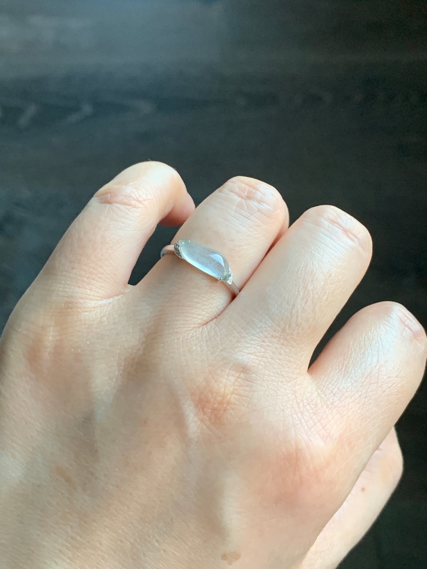 Certified Natural Grade A Icy Highly Translucent White Jadeite Horse Eye Cabochon Ring 18K White Gold Diamonds Size 7 天然起光白冰胶翡翠马眼随形镶嵌戒指 3889