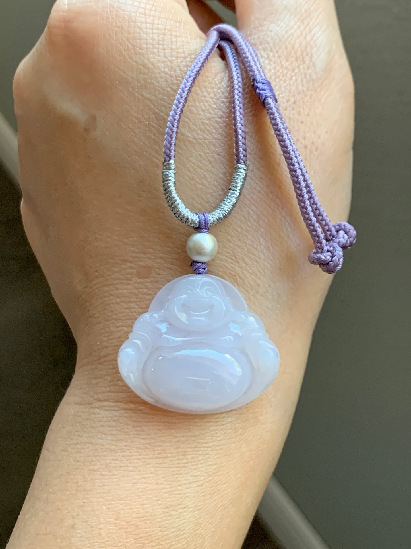 Certified Natural  Icy Translucent Pale Purple Jadeite Buddha Pendant Rope Necklace Sterling Silver 26” 天然冰淡紫底翡翠佛公吊坠 7077