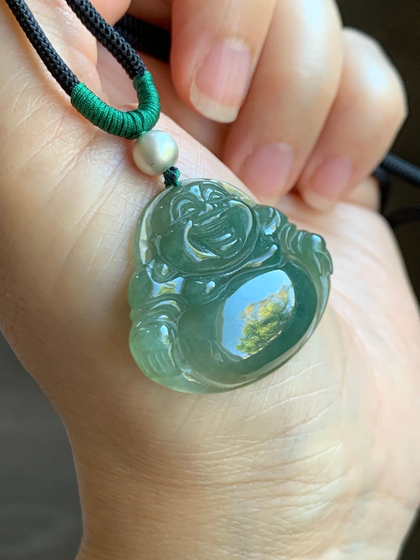 Natural  Icy Translucent Gelatinous Dark "Tea" Green Jadeite Buddha Pendant Rope Necklace Sterling Silver 28” 天然老油青翡翠佛公吊坠 LYQ225D