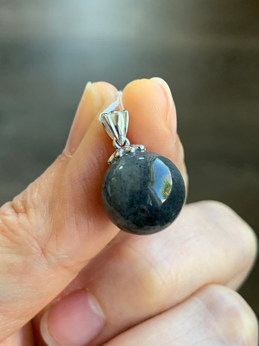 Certified Natural  Grade A Icy Translucent Gelatinous Dark Wuji Jadeite Sphere Bead Pendant 18K White Gold Bail 天然冰胶翡翠单珠镶嵌吊坠 7048