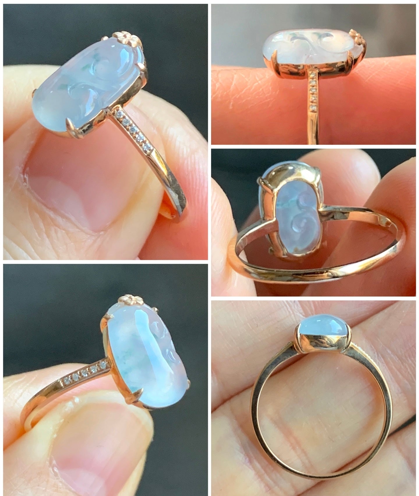 Certified Natural Garde A Premium Icy Translucent Teal Green Marbled Jadeite Ruyi Ring 18K Rose Gold Diamonds Size 7 天然翡翠冰胶飘花如意钻石镶嵌戒指 560