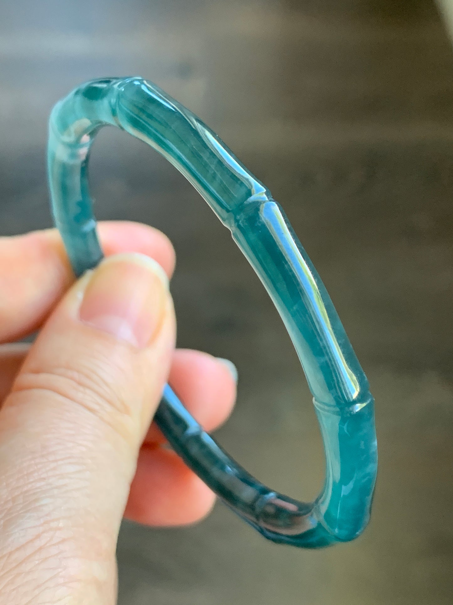 Certified Natural Grade A Icy Translucent Gelatinous Dark Teal Green Jadeite Carved Bamboo Bangle Bracelet 56.7mm 7” 19.2g 天然冰危深篮绿翡翠竹节手镯 7828