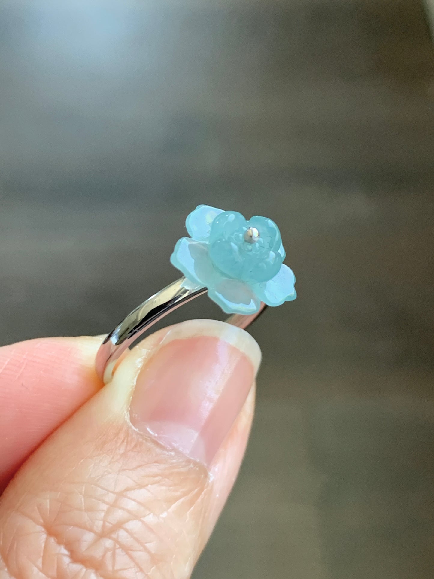 Certified Natural Guatemalan Icy Highly Translucent Light Blue Jade Jadeite Lotus Flower Ring 18K White Gold sz 7.25 2g 天然高冰危浅蓝翡翠莲花镶嵌戒指 3839