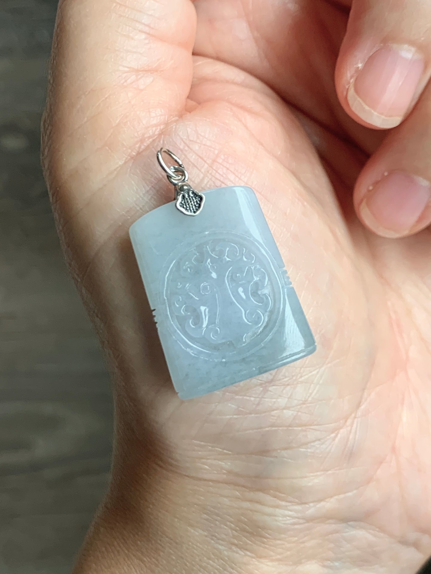 Natural Grade A Icy Translucent Pastel Blue Jade Jadeite Tao Tie Mythological Beast Tag Pendant Sterling Silver 7g 天然冰淡蓝底翡翠饕餮牌吊坠 TTE180