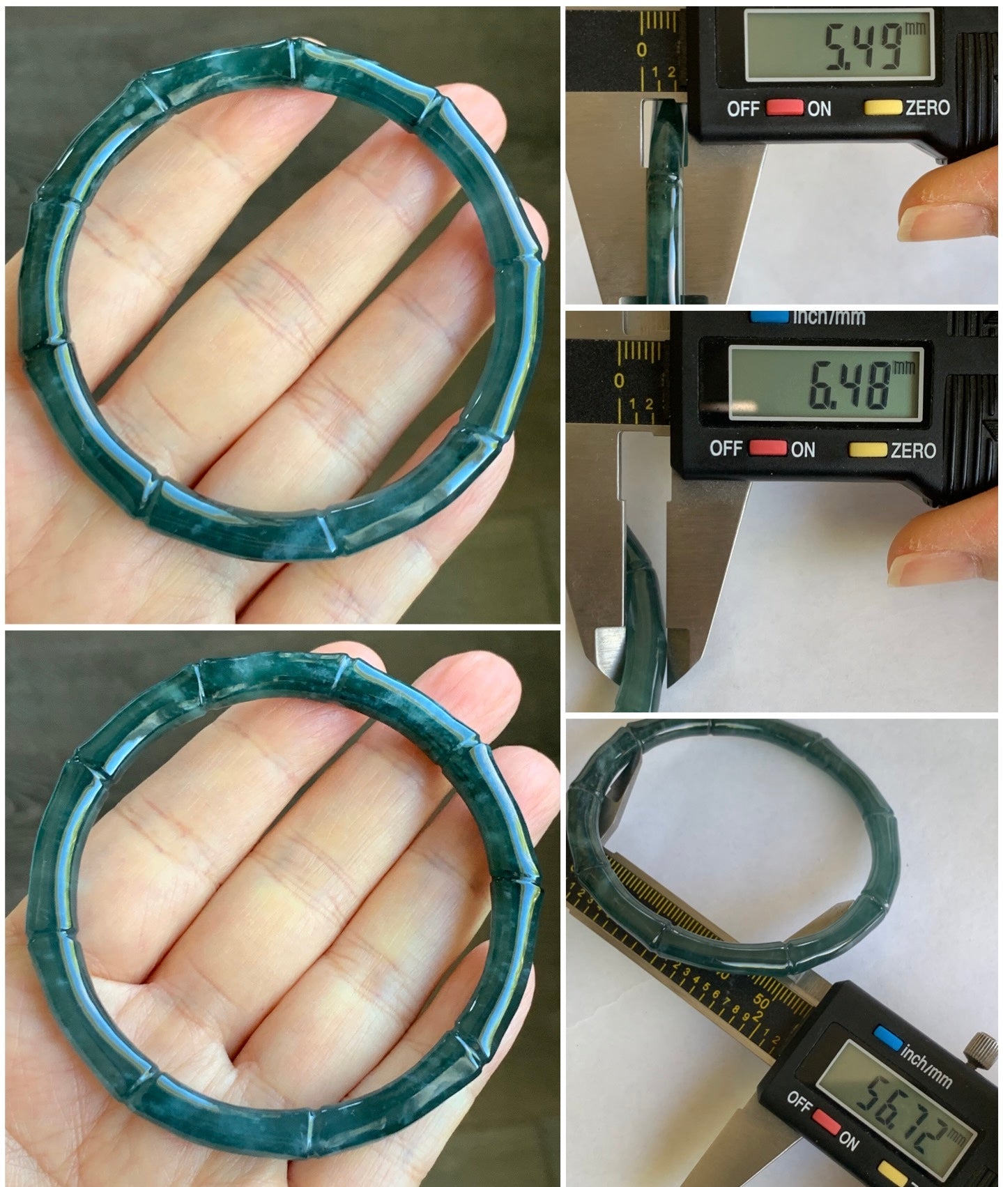 Natural Grade A Icy Translucent Gelatinous Dark Teal Green Jadeite Carved Bamboo Bangle Bracelet 56.7mm 7” 19g 天然冰危深篮绿翡翠竹节手镯 ZJ600-3