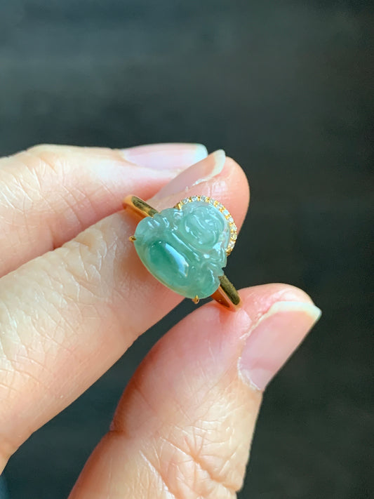 Certified Natural Grade A Icy Translucent light Green & Green Marbled Jadeite Buddha Ring 18K Yellow Gold Diamonds Size 7 天然冰飘绿花翡翠小佛公钻石镶嵌戒指