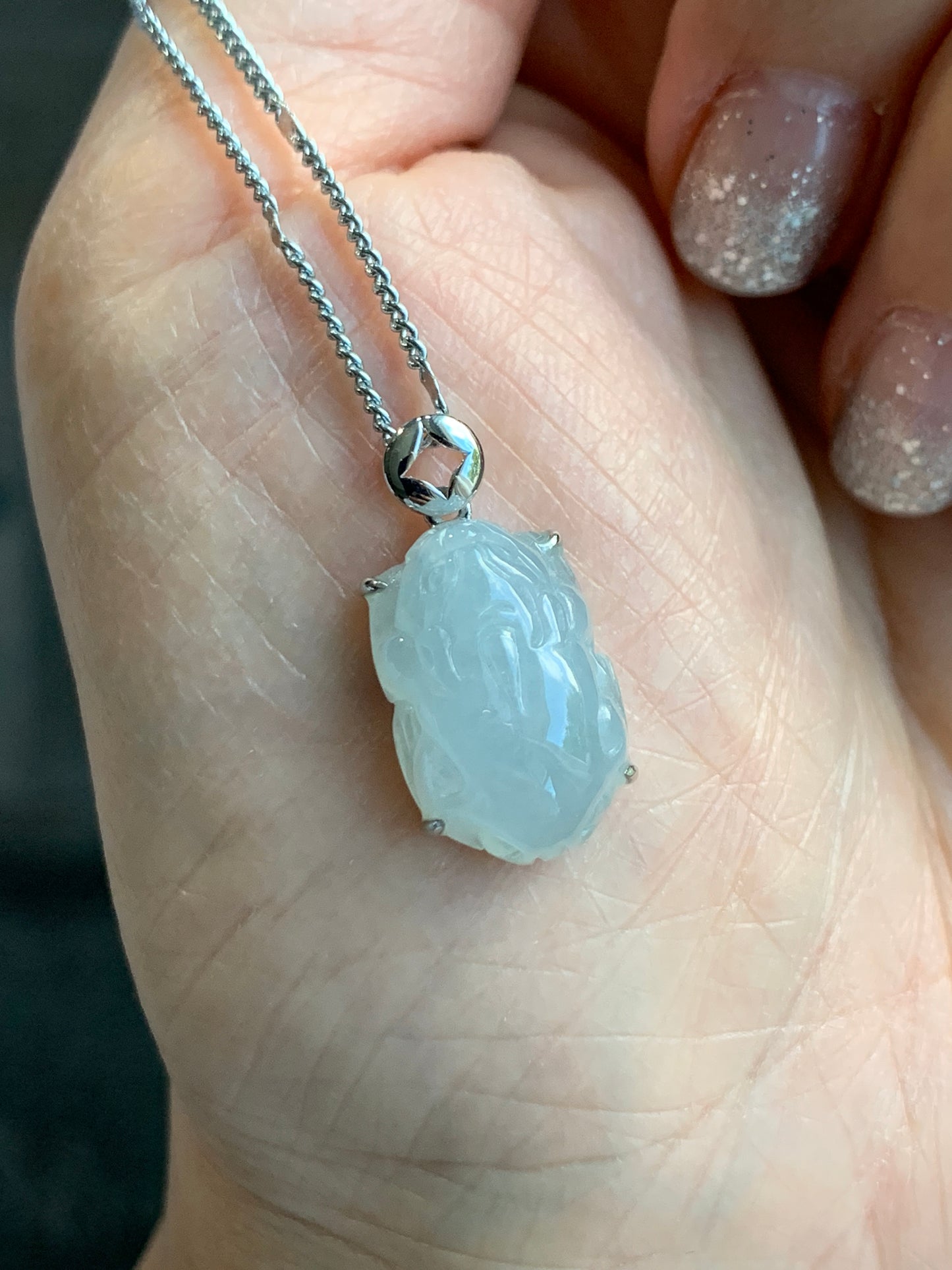Certified Natural Grade A Icy Translucent Gelatinous Pastel Dusty Blue Jadeite Carved Petite Pixiu Pendant 18K White Gold 天然冰胶淡蓝翡翠貔貅镶嵌吊坠2296