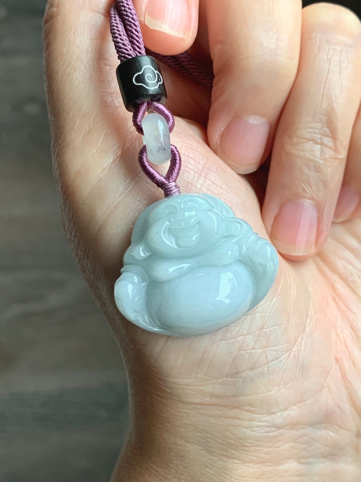 Natural  Translucent Light Bluish Green Jadeite Buddha Pendant Rope Necklace 25” 天然细糯晴蓝底翡翠佛公吊坠