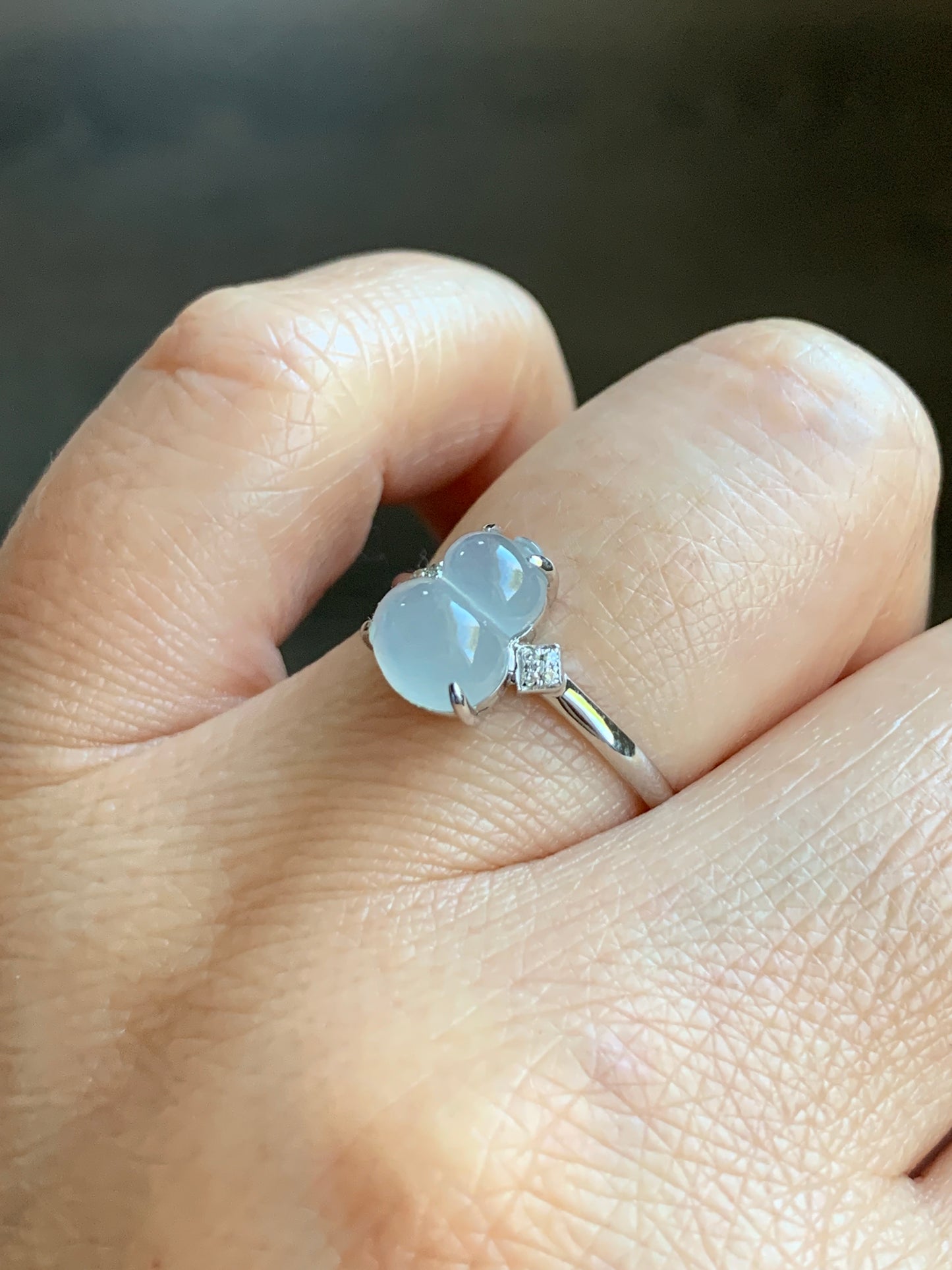 Certified Natural  Premium Highly Translucent Jadeite Hulu Gourd Ring 18K White Gold & Diamonds Sz 7 天然正冰起光起钢白冰葫芦钻石镶嵌戒指