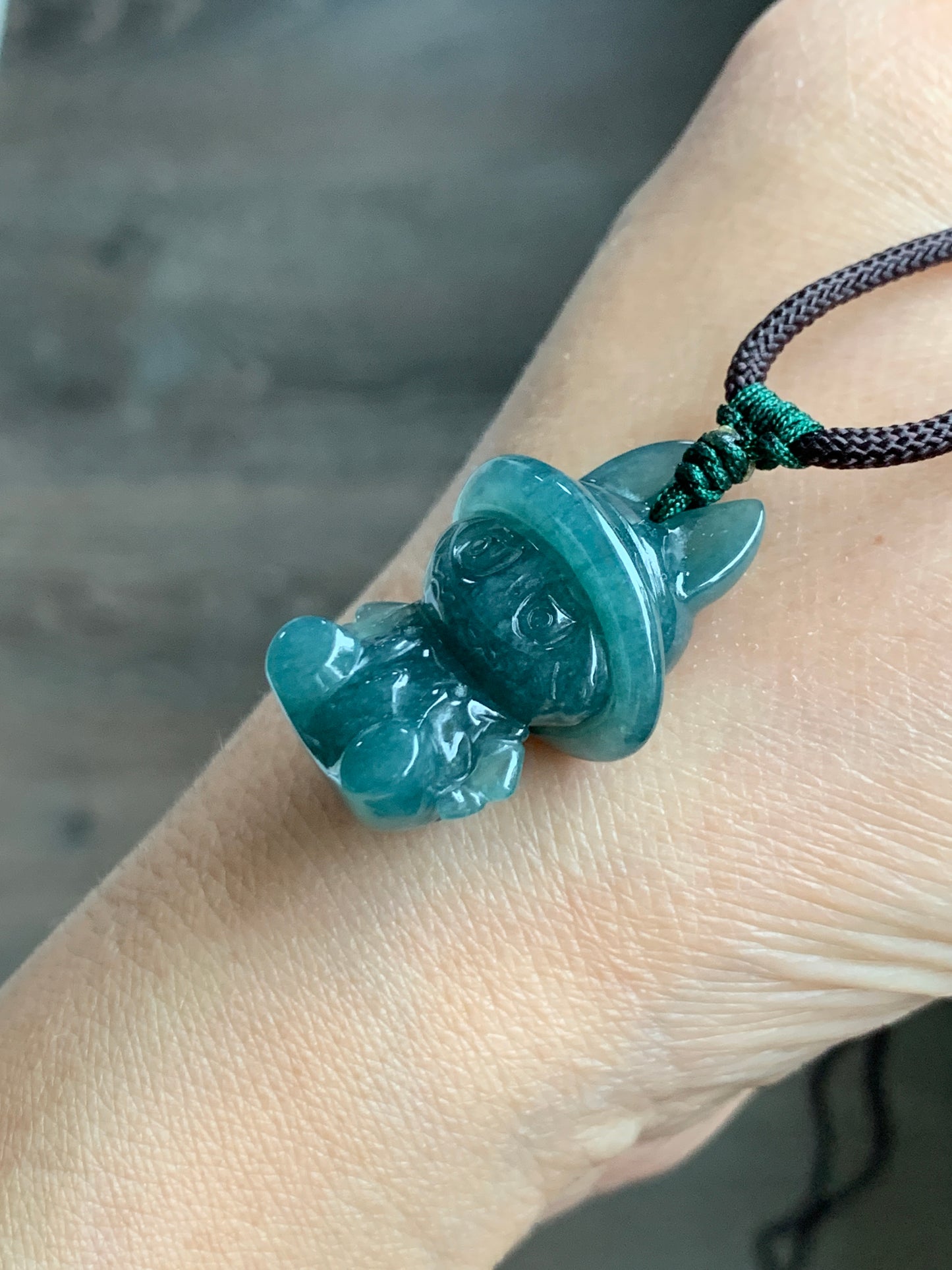 Natural Grade A Guatemalan Icy Translucent Gelatinous Dark Teal Blue Jade Jadeite Carved Labubu Pendant Rope Necklace 26” 天然冰胶危深蓝绿翡翠拉布布吊坠 LBB88