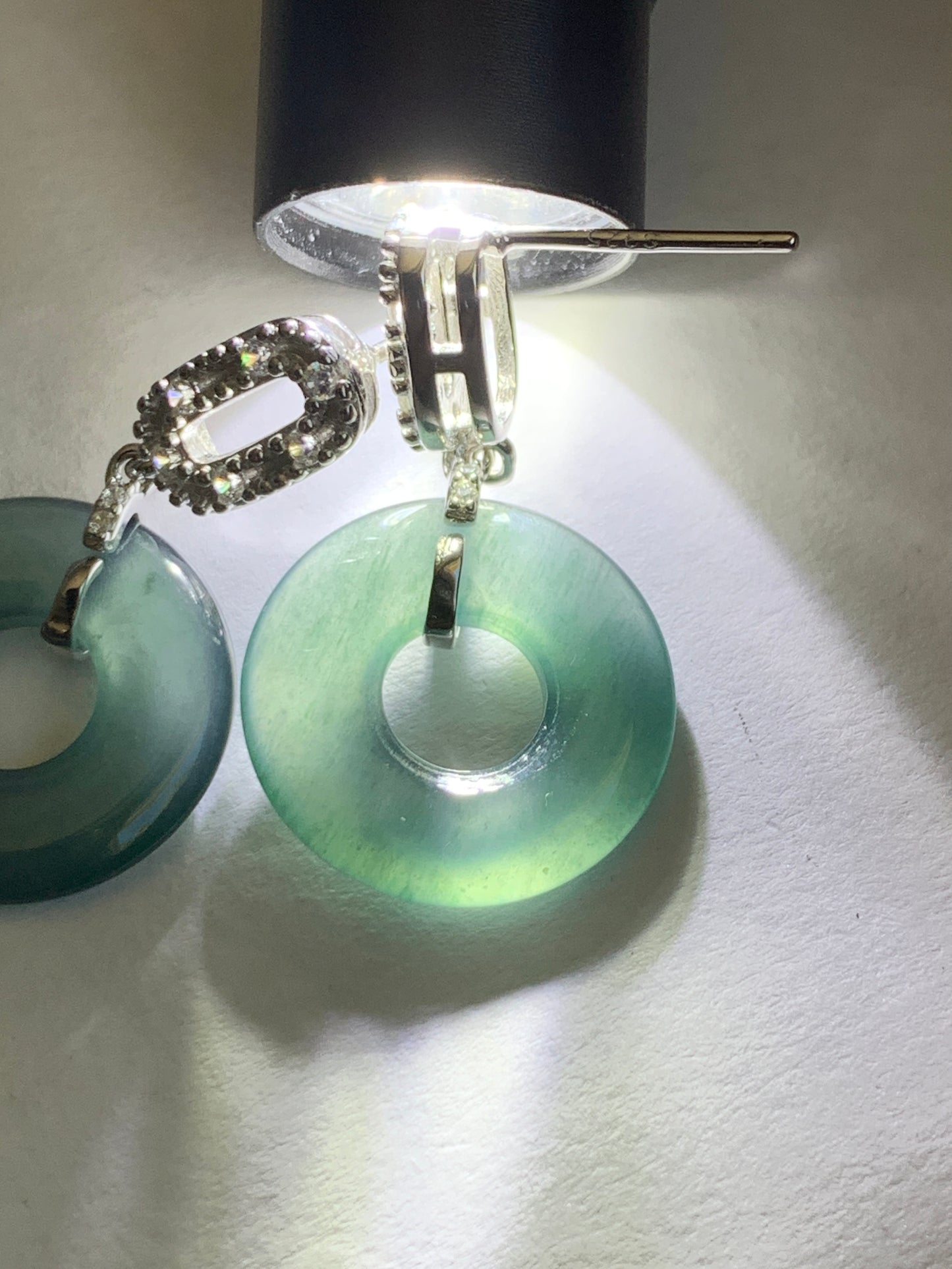 Natural Guatemalan Icy Translucent Dark Teal Blue Jadeite Ping An Kou Donut Stud Earrings Sterling Silver天然冰危深蓝绿翡翠平安扣耳钉