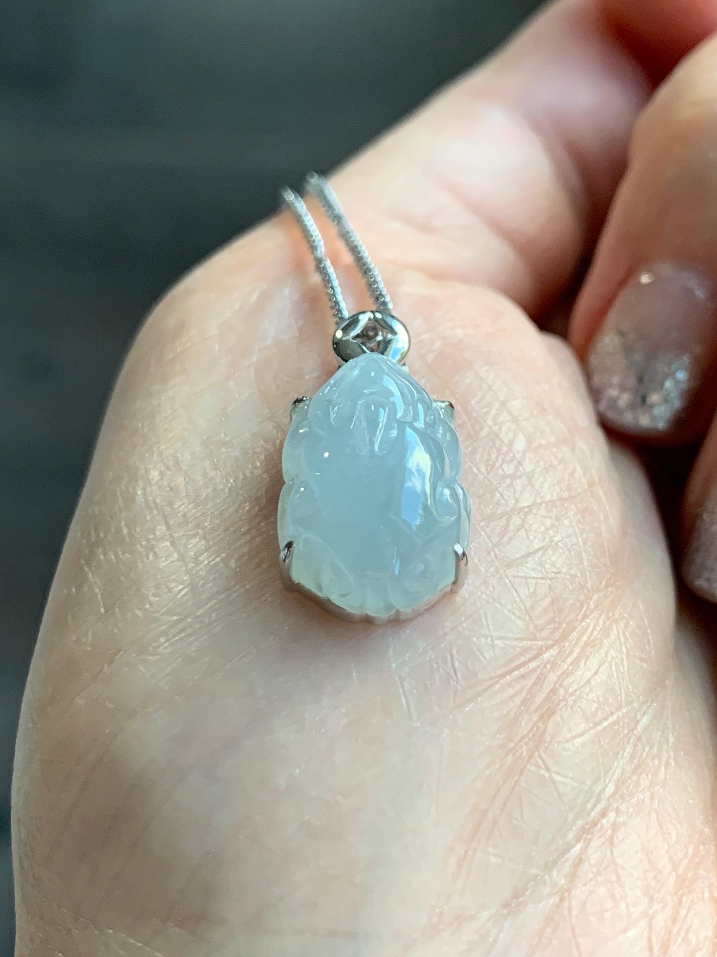 Certified Natural Grade A Icy Translucent Gelatinous Pastel Dusty Blue Jadeite Carved Petite Pixiu Pendant 18K White Gold 天然冰胶淡蓝翡翠貔貅镶嵌吊坠2296