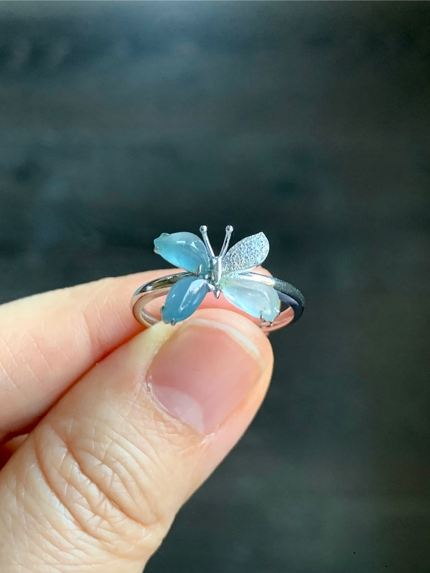 Certified Natural Grade A Guatemalan Premium Icy Blue & White Jadeite Butterfly Ring 18K White Gold Diamonds Sz 7 US 天然危蓝正冰起光翡翠蝴蝶钻石白金镶嵌戒指