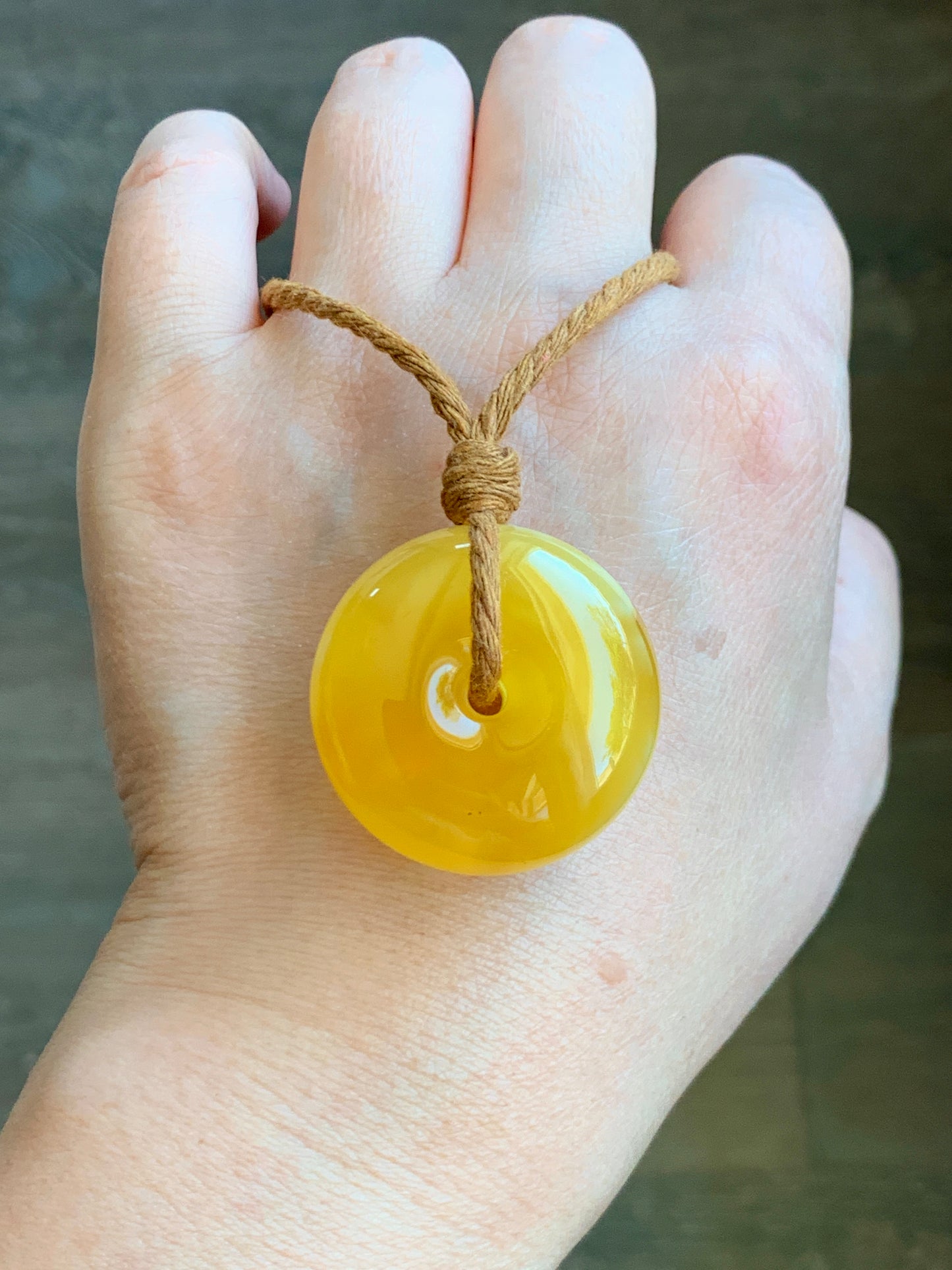 Natural Genuine Beewax Amber Large Ping An Kou Donut Rope Necklace 13g 25” Adjustable HPK550 天然蜜蜡平安扣吊坠怪件