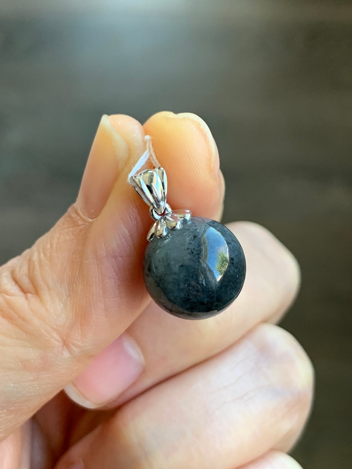 Certified Natural  Grade A Icy Translucent Gelatinous Dark Wuji Jadeite Sphere Bead Pendant 18K White Gold Bail 天然冰胶翡翠单珠镶嵌吊坠 7048
