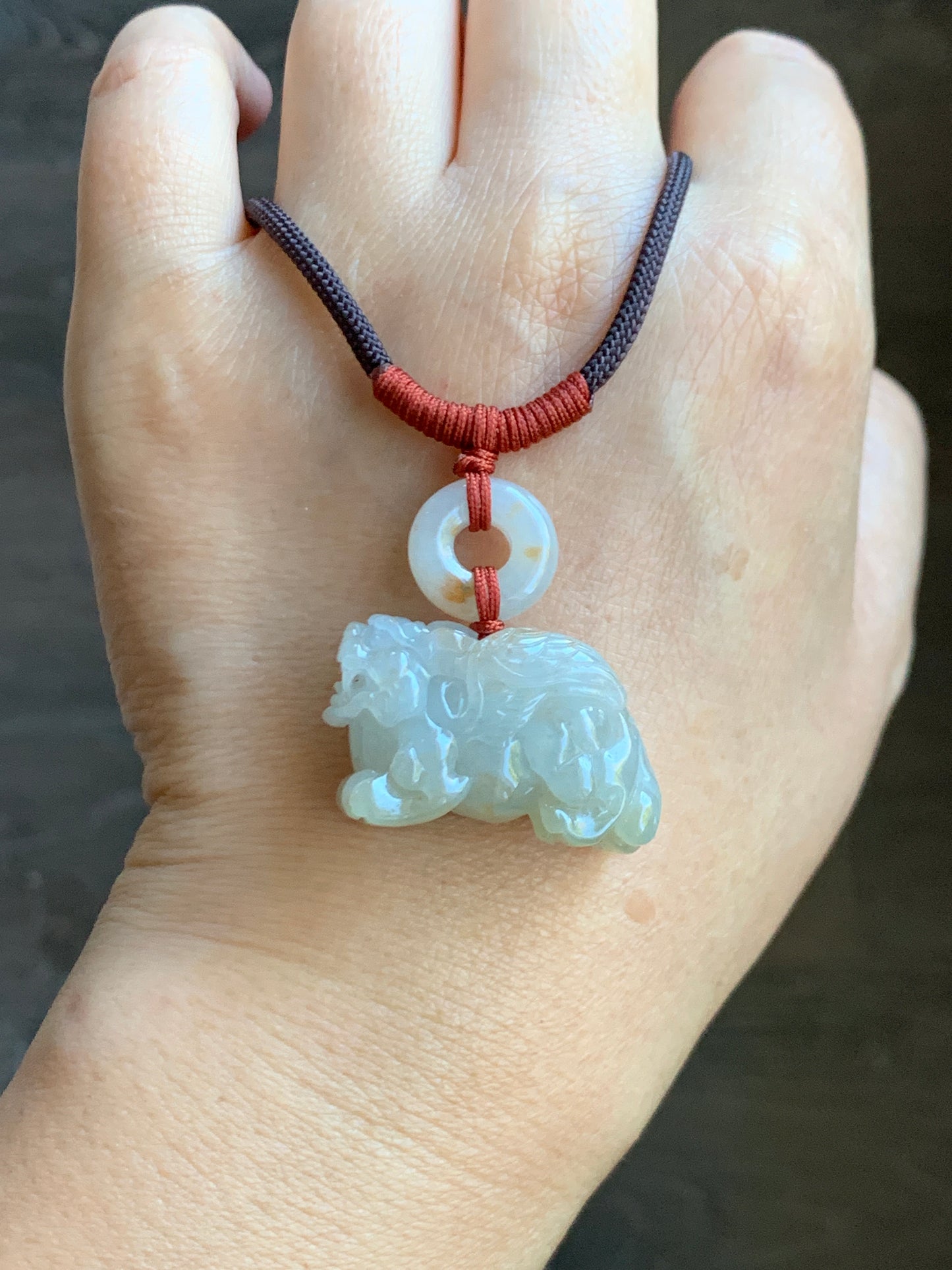 Natural  Icy Translucent Gelatinous Light Beige Jadeite w/ Golden Marbling Flying Pixiu & Donut Pendant Necklace 天然冰糖黄撒金翡翠飞天貔貅平安扣项链