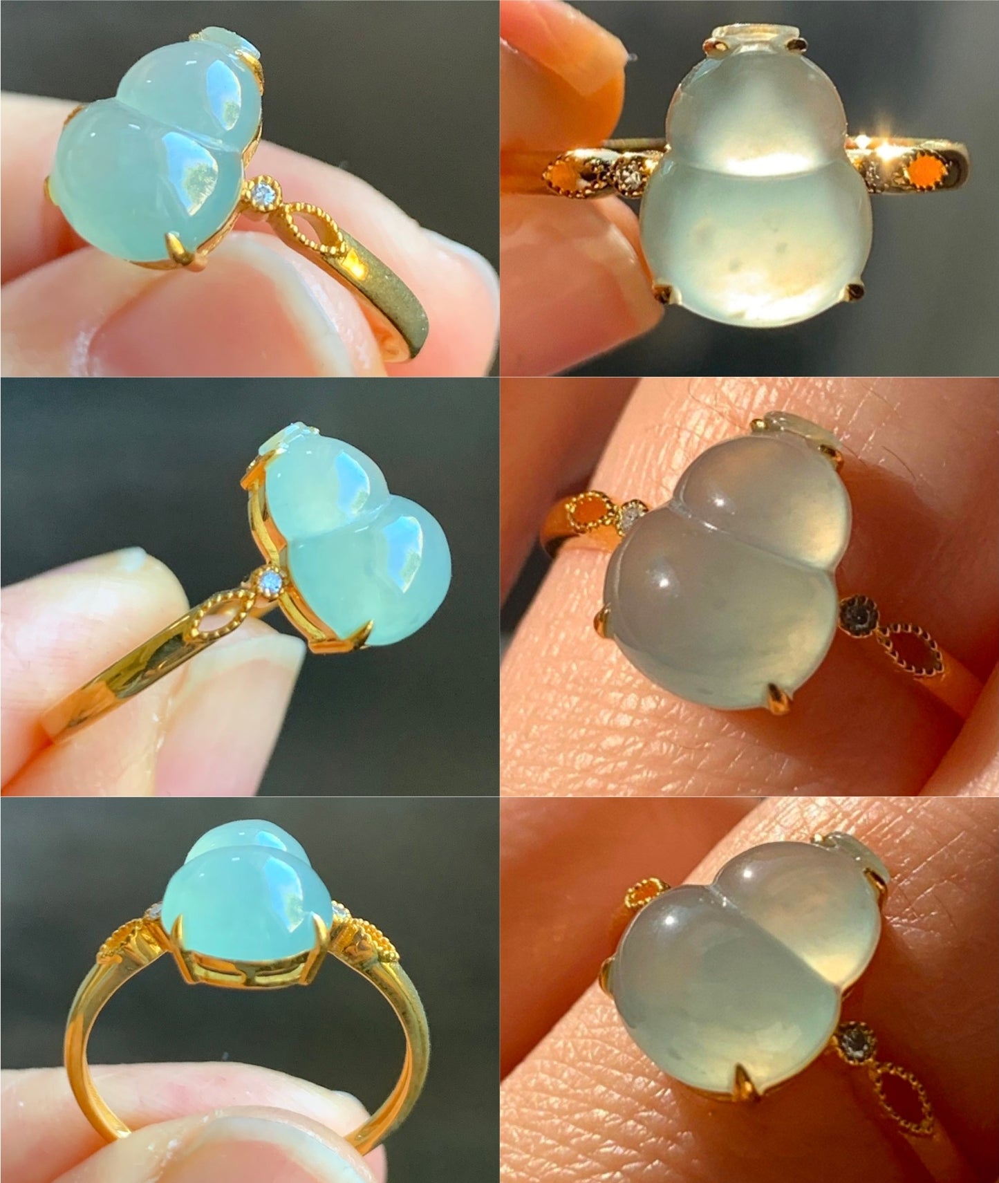 Certified Natural  Premium Light Green Jadeite Hulu Gourd Ring 18K Yellow Gold & Diamonds size 7 天然正冰晴底翡翠葫芦镶嵌钻石戒指