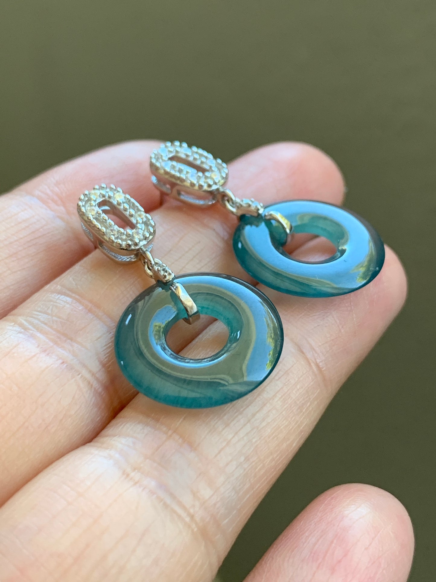 Natural Guatemalan Icy Translucent Dark Teal Blue Jadeite Ping An Kou Donut Stud Earrings Sterling Silver天然冰危深蓝绿翡翠平安扣耳钉