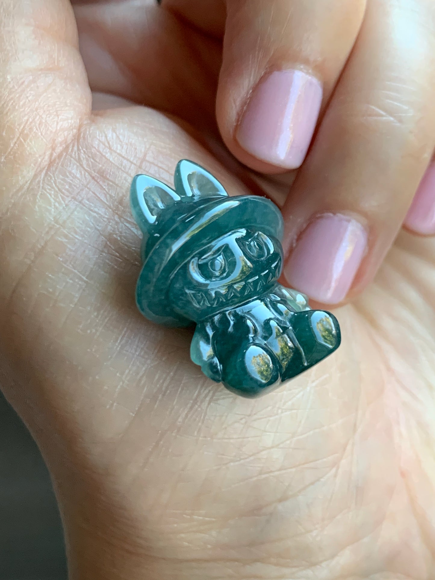 Natural Grade A Guatemalan Icy Translucent Dark Teal Blue Jade Jadeite Carved Monster Plush Pendant Rope Necklace 26” 天然冰胶危深蓝绿翡翠吊坠 LBB88-B
