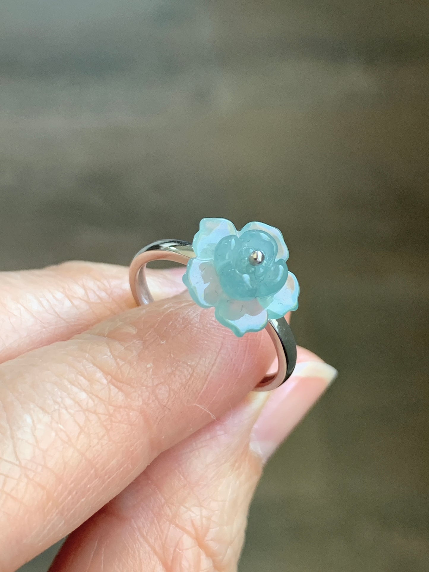 Certified Natural Guatemalan Icy Highly Translucent Light Blue Jade Jadeite Lotus Flower Ring 18K White Gold sz 7.25 2g 天然高冰危浅蓝翡翠莲花镶嵌戒指 3839