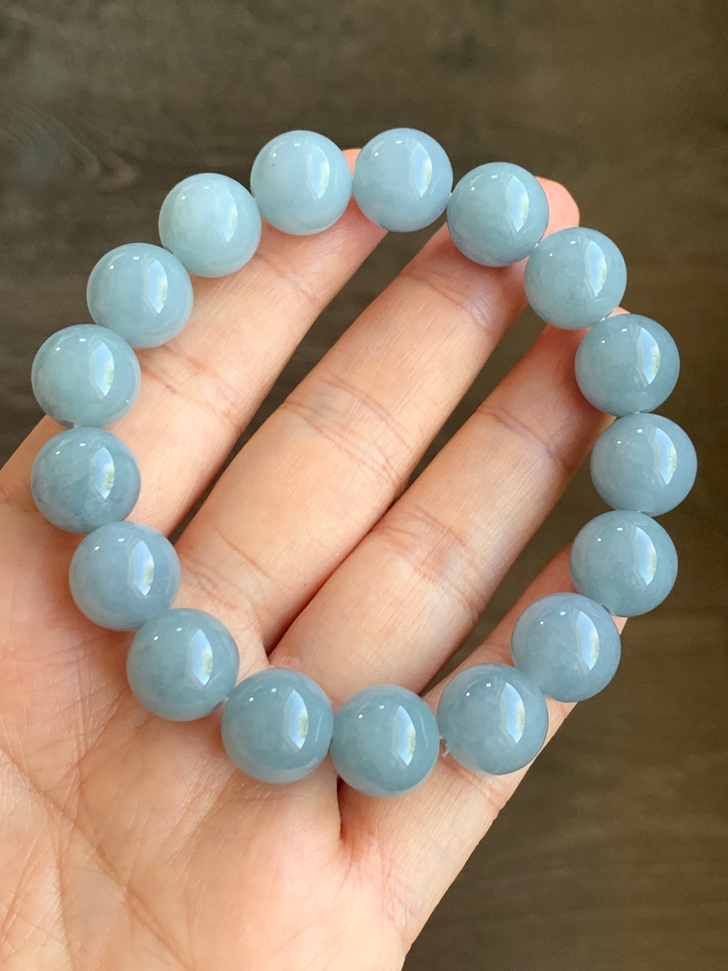 Certified Natural Grade A Icy Translucent Dusty Light Blue Jadeite Large Beaded Bracelet 12.3mm 7.75” 54g 7851