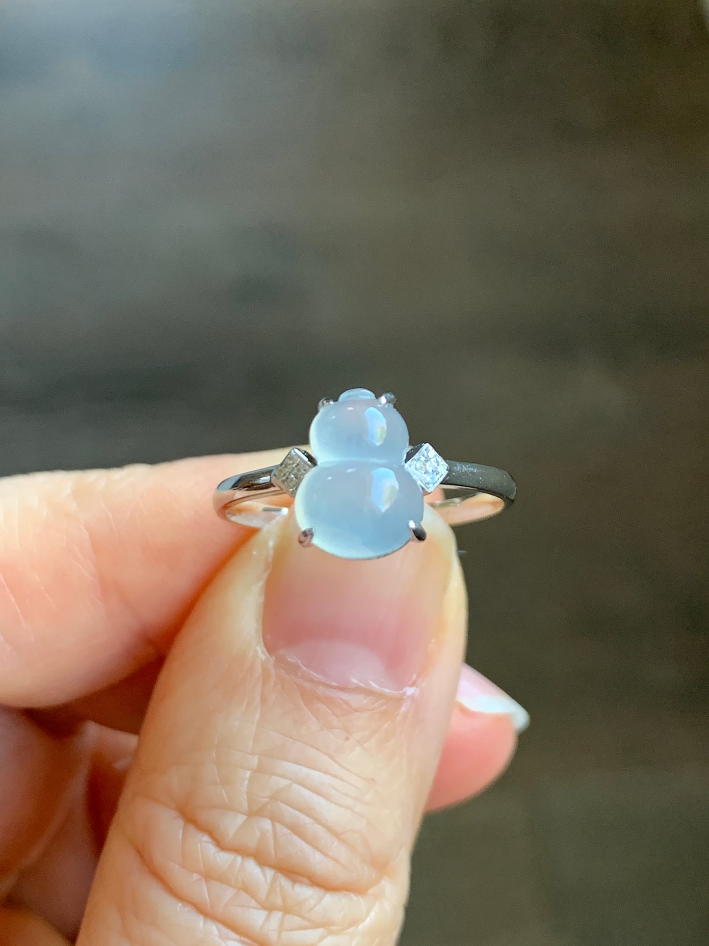 Certified Natural  Premium Highly Translucent Jadeite Hulu Gourd Ring 18K White Gold & Diamonds Sz 7 天然正冰起光起钢白冰葫芦钻石镶嵌戒指