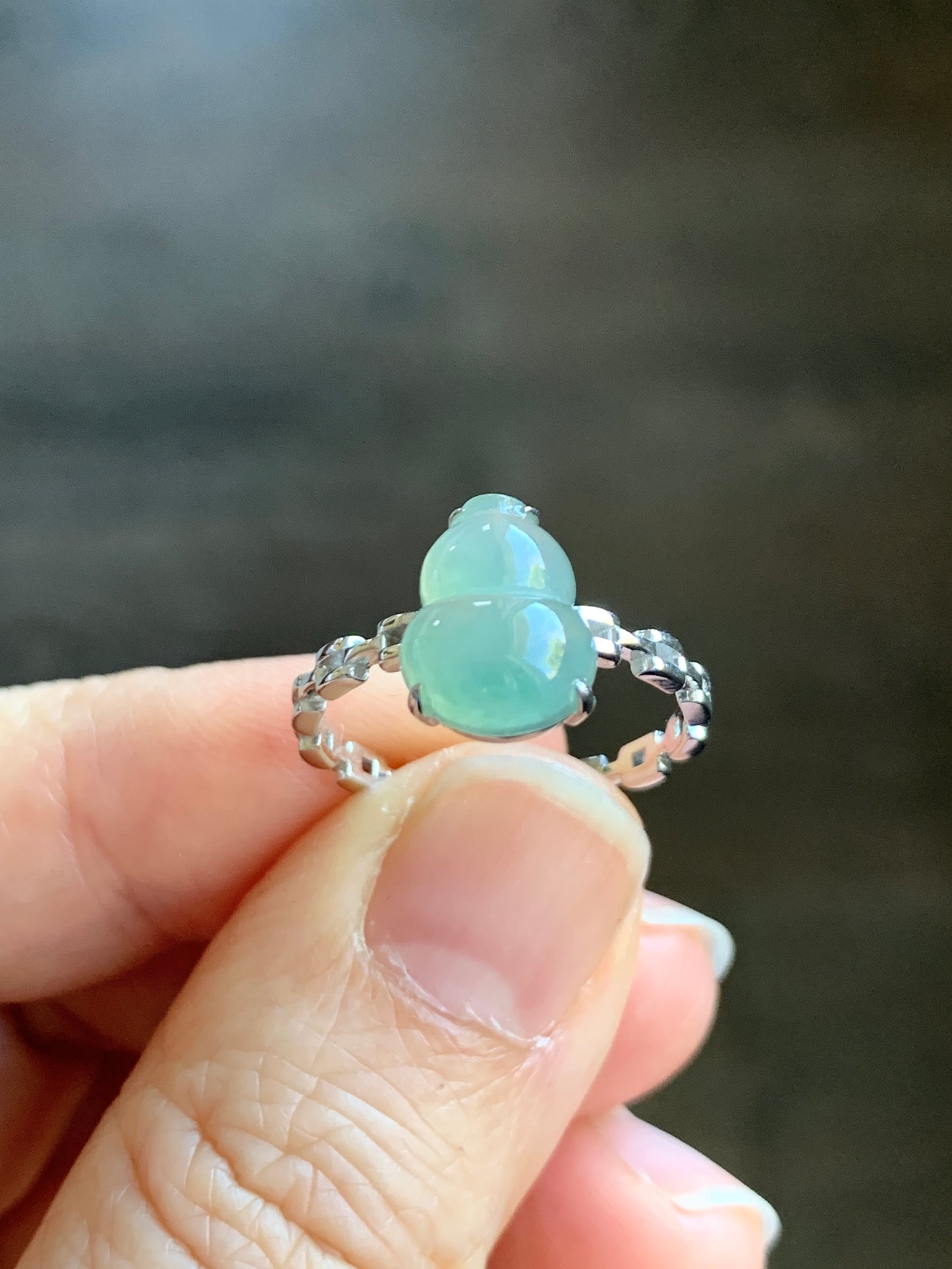 Certified Natural Grade A  Premium Icy Highly Translucent Light Green Jadeite Hulu Gourd Ring Buckle Link 18K White Gold Sz 7 天然正冰起光晴色翡翠葫芦镶嵌戒指