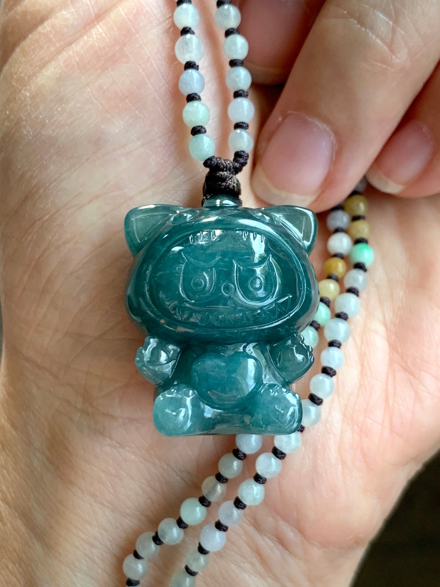 Natural Grade A Guatemalan Icy Translucent Dark Teal Blue Jade Jadeite Carved Labubu Pendant Beaded Necklace 23.5” 天然冰危深蓝绿翡翠吊坠 LBB138