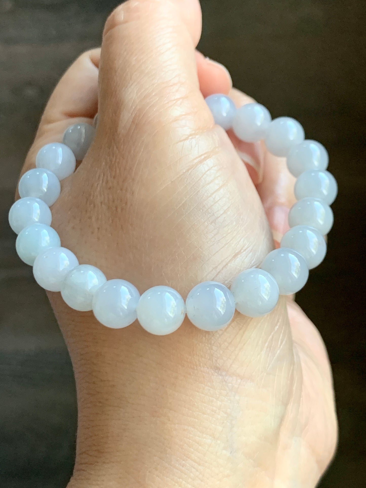 Certified Natural Grade A Icy Translucent Gelatinous Pastel Blue Golden Marbled Jadeite Beaded Bracelet 8.7mm 7.25” 天然老种冰胶淡蓝底撒金翡翠圆珠手串 9409
