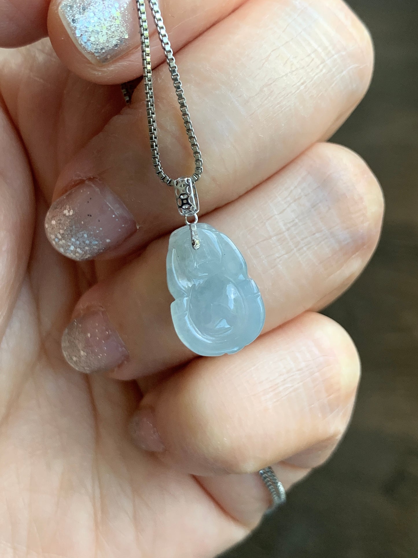 Natural Grade A Icy Translucent Gelatinous Pastel Dusty Blue Jade Jadeite Petite Pixiu Pendant 18K White Gold Bail 天然冰胶淡蓝翡翠貔貅吊坠 MTL250
