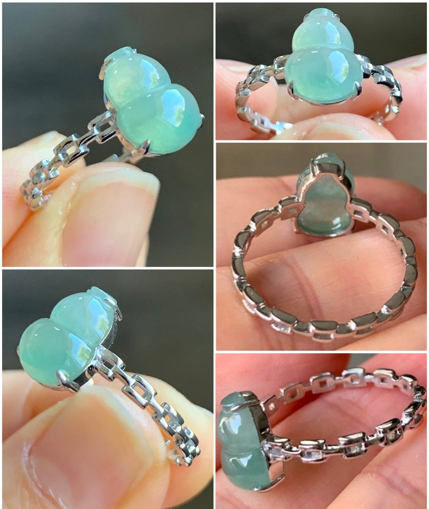 Certified Natural Grade A  Premium Icy Highly Translucent Light Green Jadeite Hulu Gourd Ring Buckle Link 18K White Gold Sz 7 天然正冰起光晴色翡翠葫芦镶嵌戒指