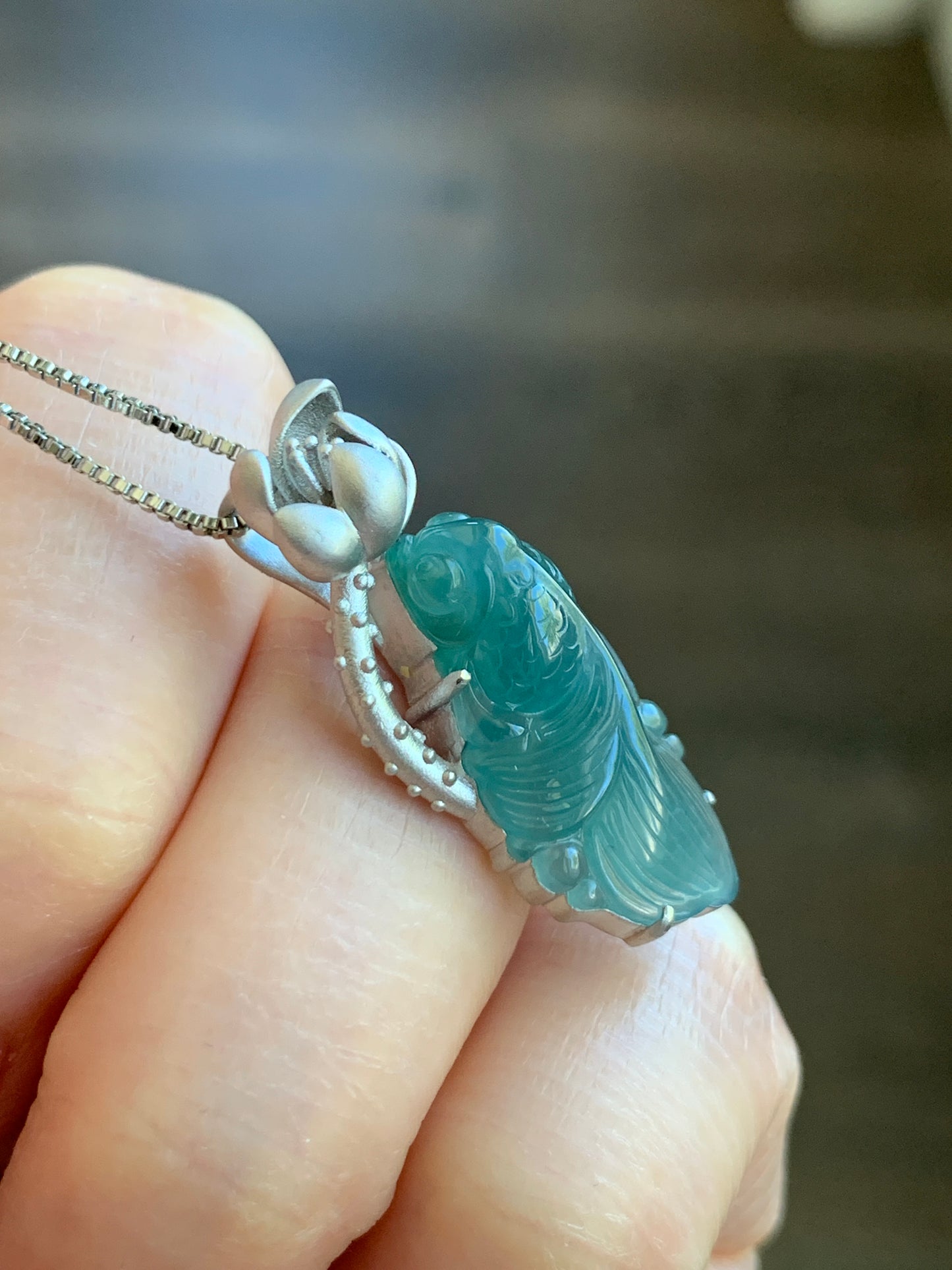 Certified Natural Guatemalan Premium Icy Highly Translucent Dark Teal Blue Jade Jadeite Goldfish Pendant Sterling Silver 天然冰危湖水蓝翡翠金鱼镶嵌吊坠 8618