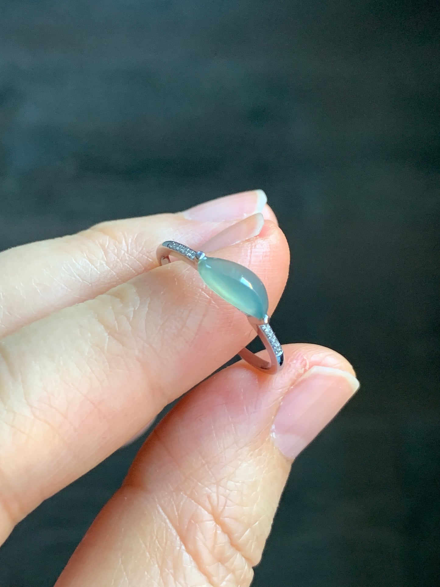 Certified Icy Highly Translucent Light Green Jadeite Horse Eye Cabochon Ring 18K White Gold  Diamonds Sz 7 US 1.38g 天然冰晴绿翡翠马眼钻石镶嵌戒指 3843