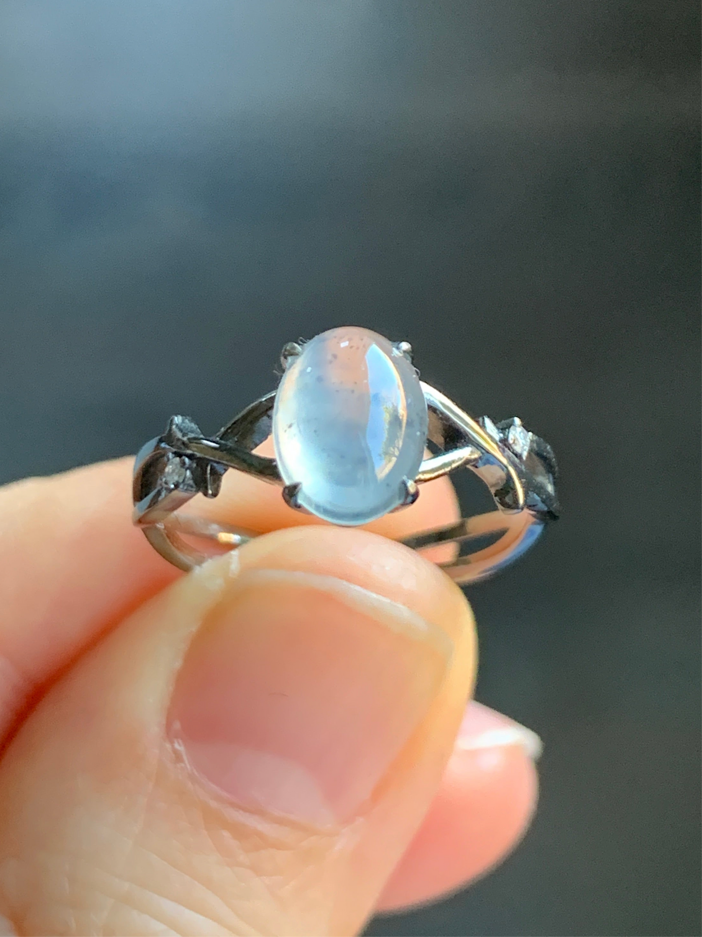Certified Natural Grade A Premium Icy Transparent Wuji Marbled Jadeite Oval Solitaire Ring 18K Black Gold Diamonds Size 6.75 US 天然起光冰乌鸡翡翠黑金钻石戒指