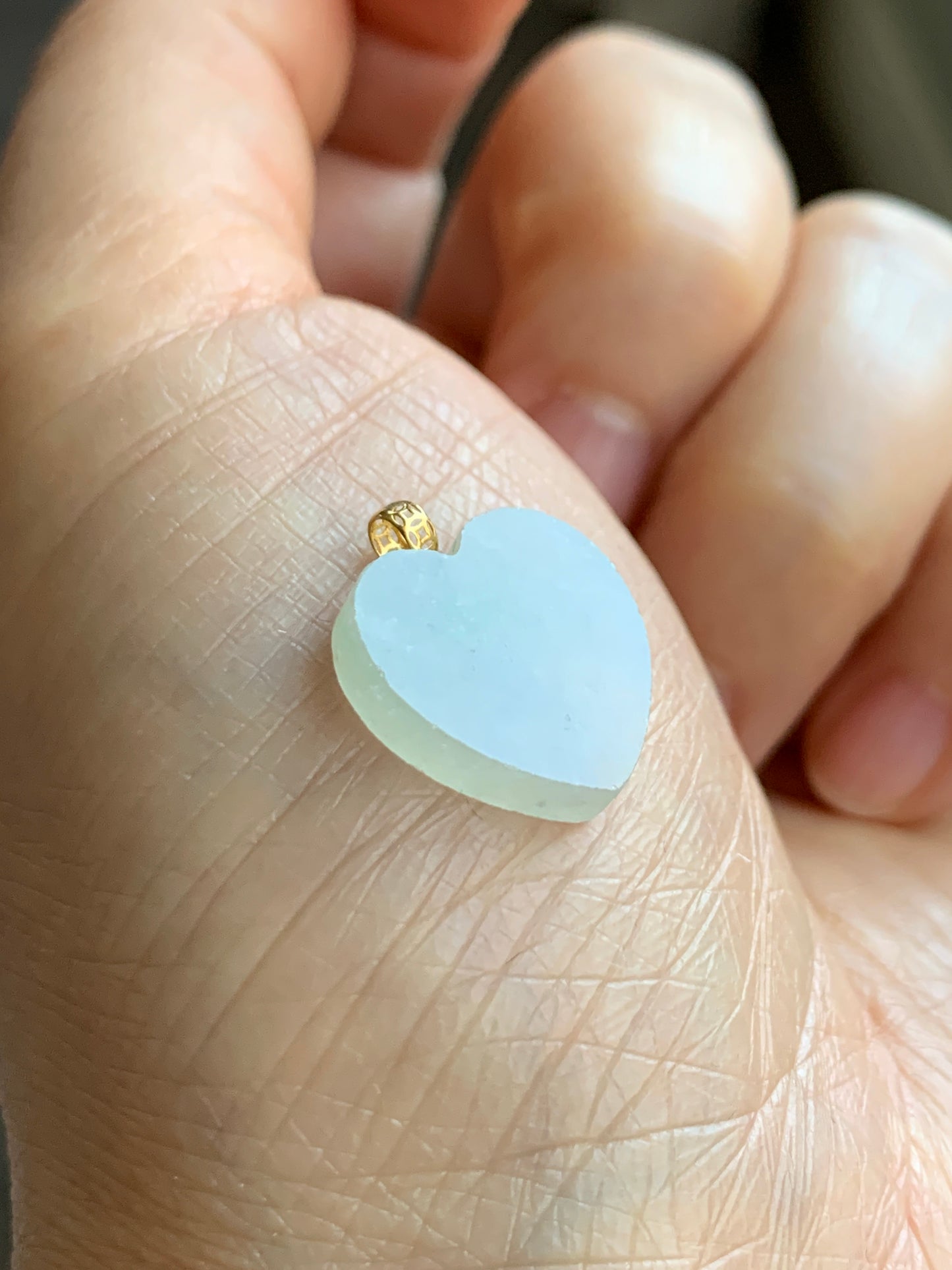 Natural  Highly Translucent Icy Light Green Jadeite w/ White Marbling Heart Pendant 18K Yellow Gold Bail 17” Cord 天然冰晴莫西沙翡翠爱心镶嵌吊