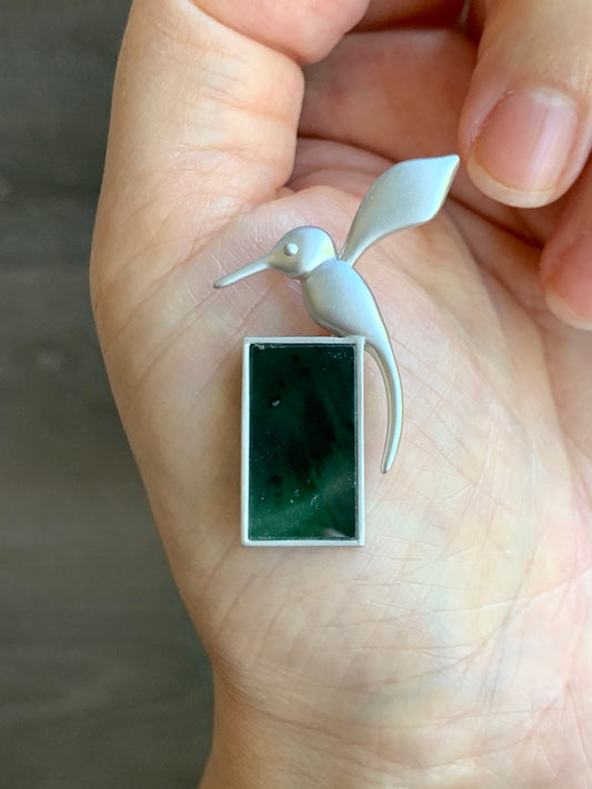 Certified Natural  Icy Highly Translucent Dark Green Marbled Jadeite Hummingbird Pendant Sterling Silver 7.45g 天然冰飘花翡翠无事牌蜂鸟吊坠 7067