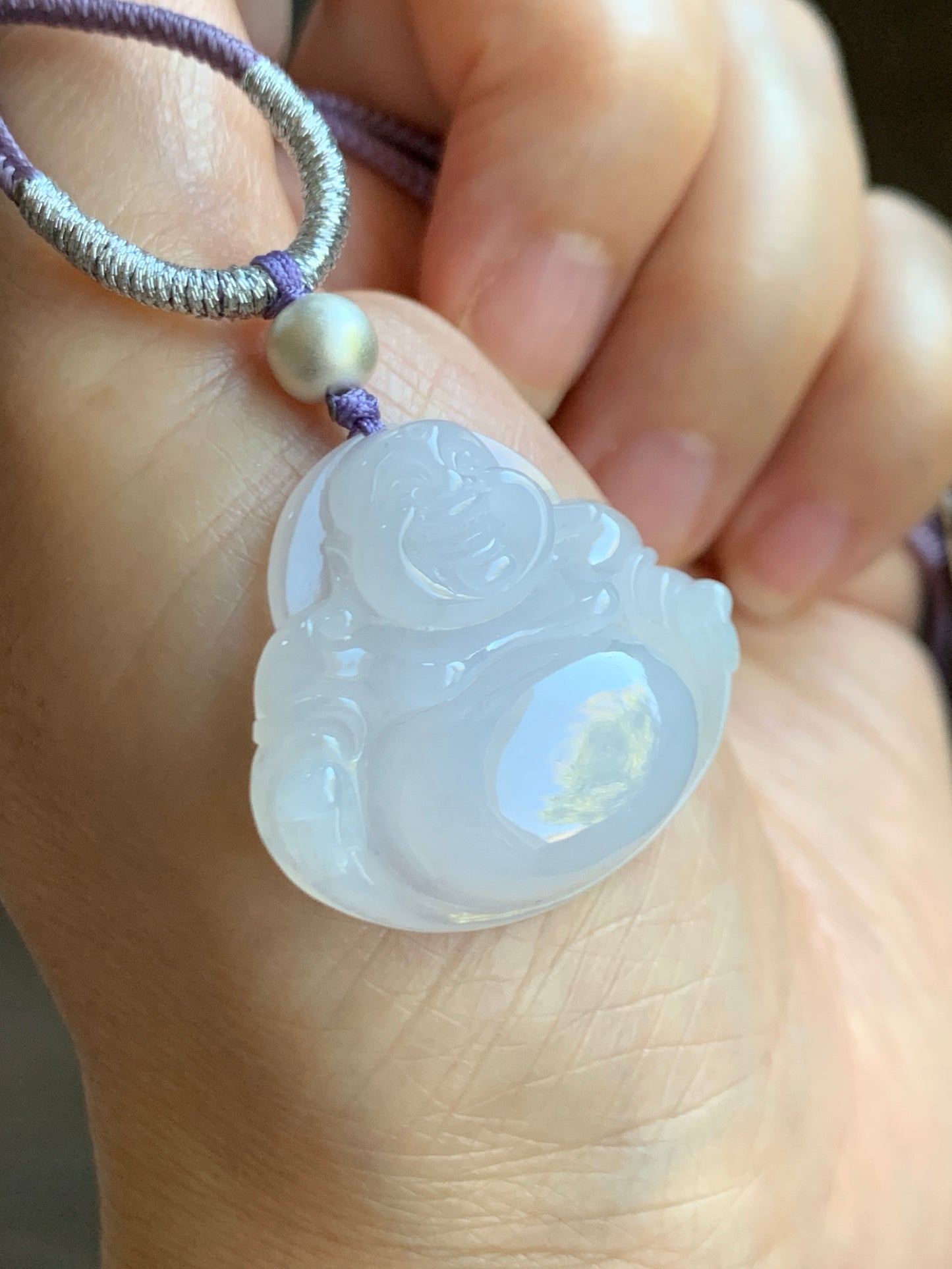 Certified Natural  Icy Translucent Pale Purple Jadeite Buddha Pendant Rope Necklace Sterling Silver 23” 天然冰淡紫底翡翠佛公吊坠 7076