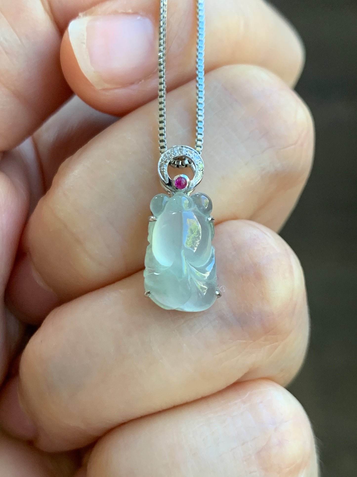 Certified Natural  Icy Highly Translucent Gelatinous Jadeite Goldfish Diamond & Ruby Pendant 18K White Gold 天然冰胶起光翡翠金鱼钻石红宝镶嵌吊坠