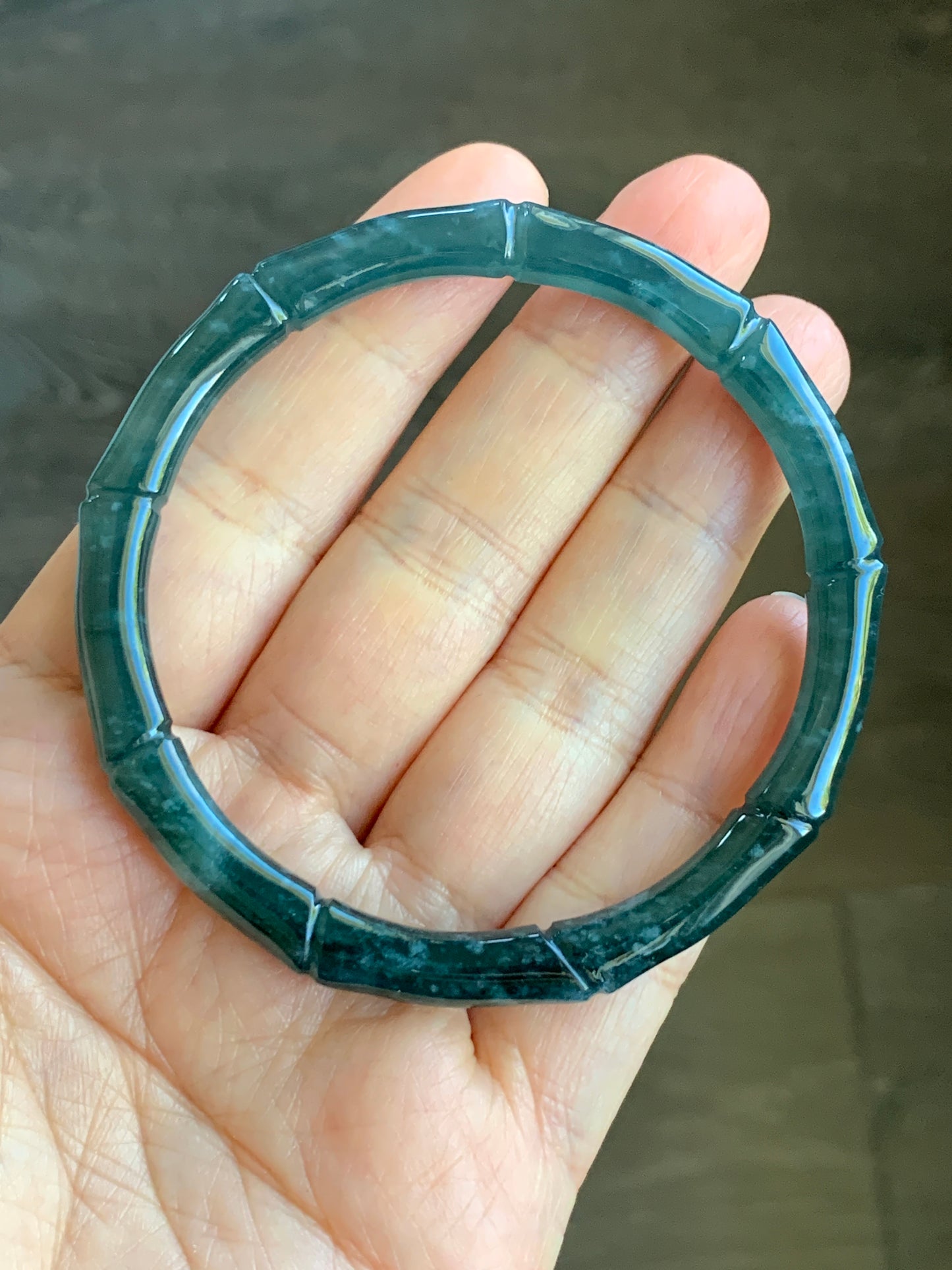 Natural Grade A Icy Translucent Gelatinous Dark Teal Green Jadeite Carved Bamboo Bangle Bracelet 57.2mm 7” 21g 天然冰危深篮绿翡翠竹节手镯 ZJ600-2