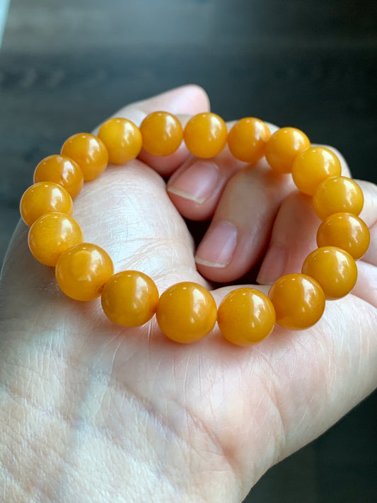 Natural Genuine Aged Beewax Golden Yellow Amber Beaded Bracelet Steetchy 9.9mm 6.25” 10g 天然蜜蜡满蜡琥珀手串 ZMLZ288