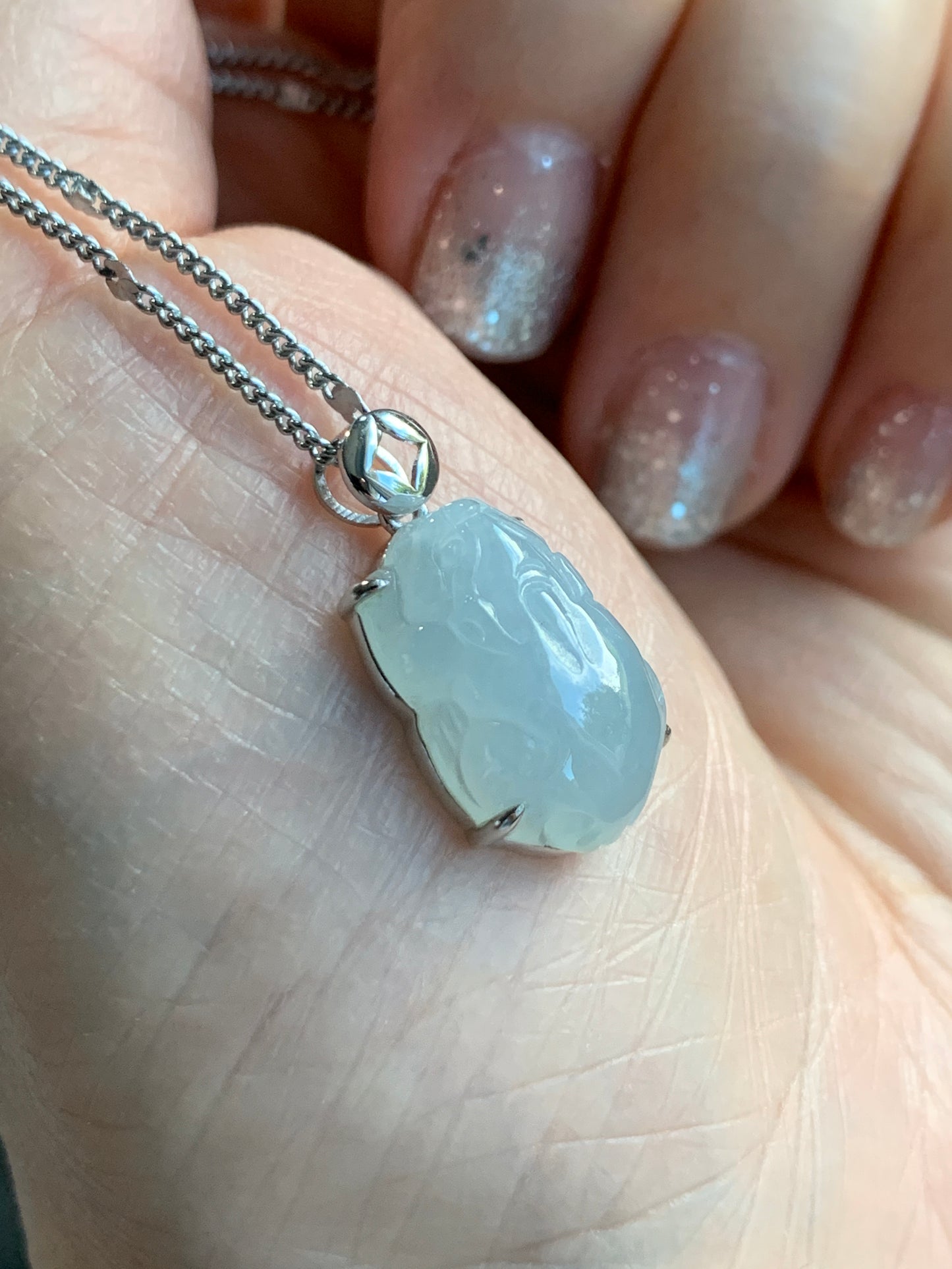 Certified Natural Grade A Icy Translucent Gelatinous Pastel Dusty Blue Jadeite Carved Petite Pixiu Pendant 18K White Gold 天然冰胶淡蓝翡翠貔貅镶嵌吊坠2296
