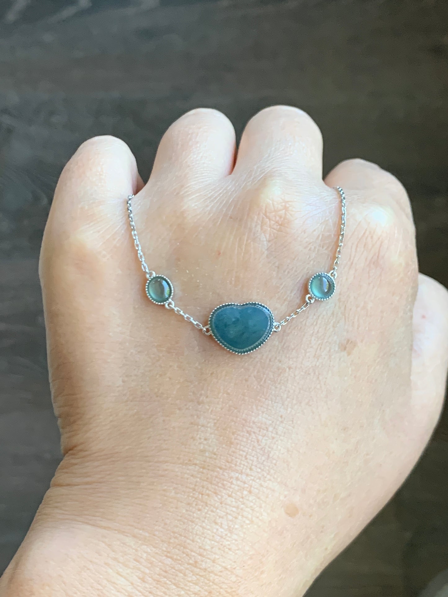 Certified Natural  Icy Translucent Teal Blue Jadeite Heart Bracelet 18K White Gold 5.75"-6.25” 天然湖水蓝翡翠爱心切割面白金手链