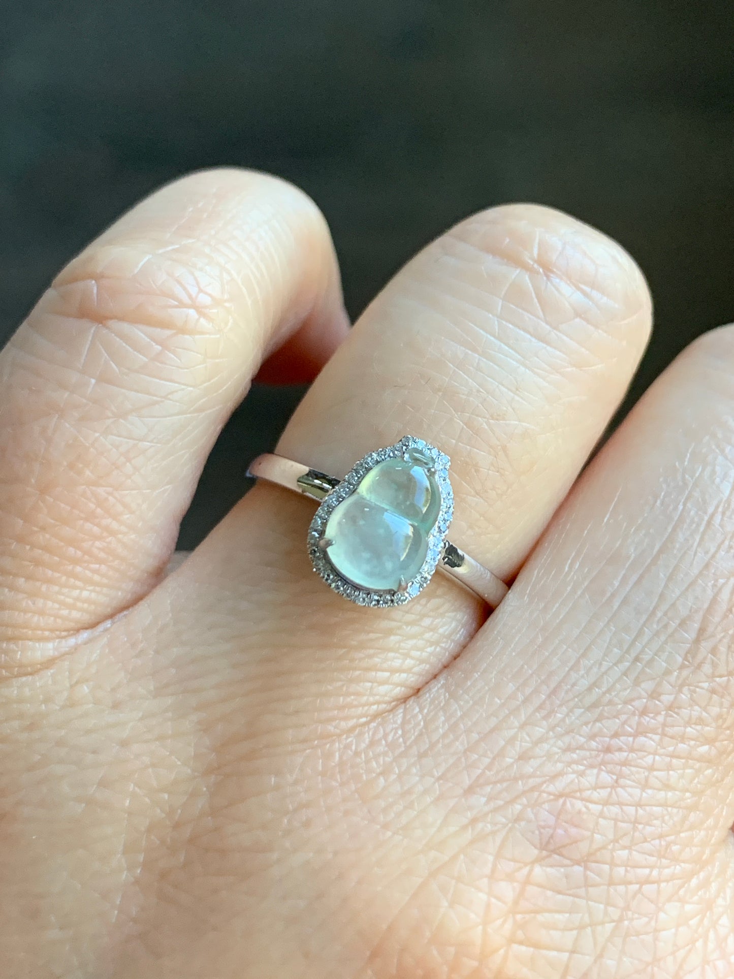 Certified Natural  Premium Highly Translucent Jadeite Hulu Gourd Ring 18K White Gold & Diamonds Sz 7 天然正冰起光起钢白冰葫芦钻石镶嵌戒指