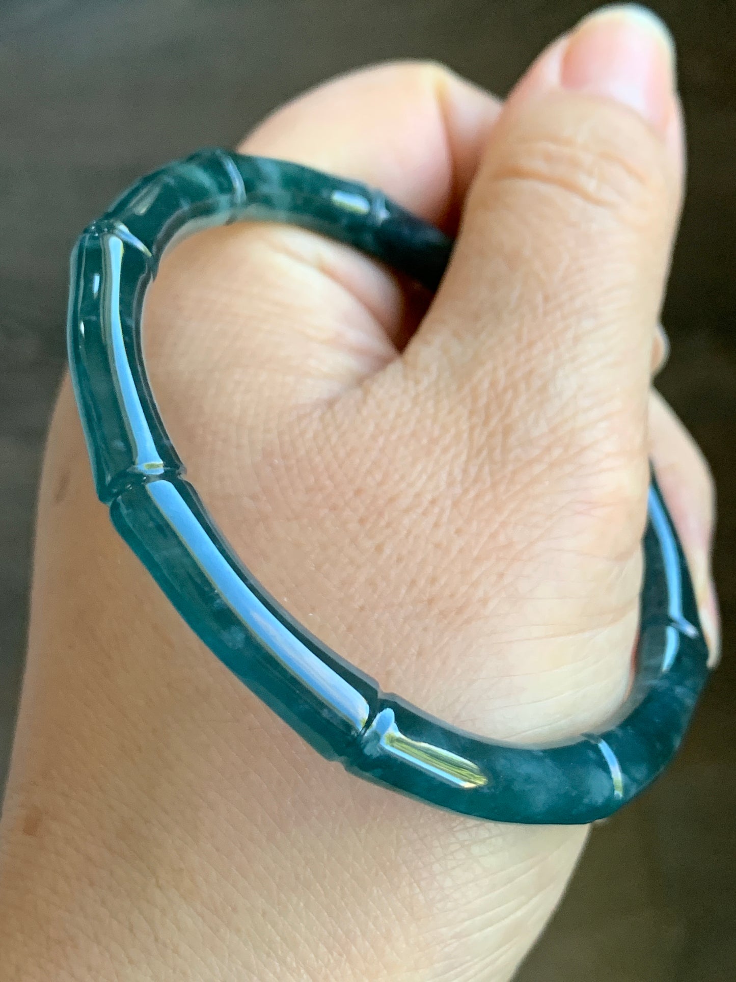 Natural Grade A Icy Translucent Gelatinous Dark Teal Green Jadeite Carved Bamboo Bangle Bracelet 56.7mm 7” 19g 天然冰危深篮绿翡翠竹节手镯 ZJ600-3