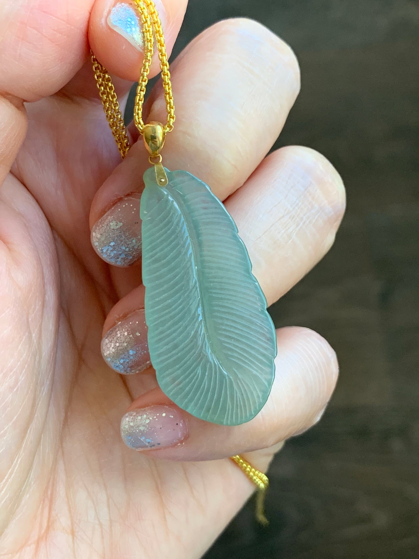 Natural Grade A Icy Translucent Light Green Jade Jadeite Carved Large Feather Pendant 18K Yellow Gold Bail 天然冰绿翡翠羽毛镶嵌吊坠 MQL228