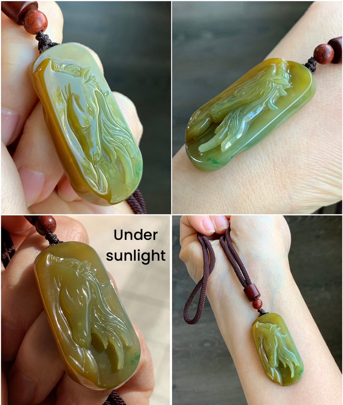 Stunning Natural Guatemalan grade A Icy Translucent Intense Yellow Jadeite w/ Green Marbling Horse Pendant Rope Necklace 天然冰危浓黄飘绿翡翠马牌吊坠挂件