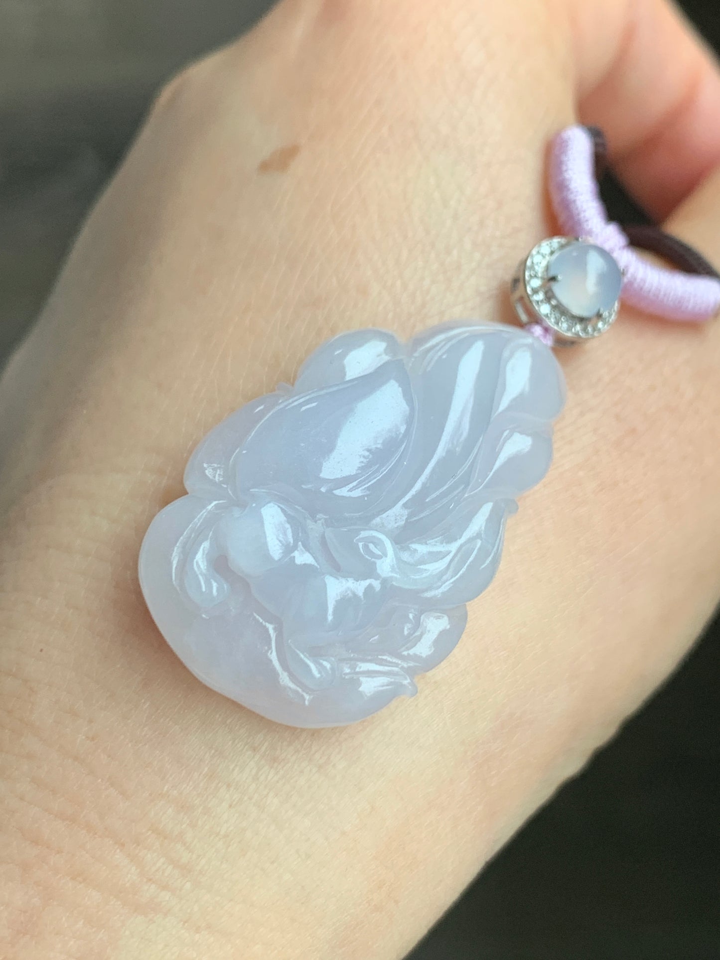 Certified Natural Grade A Icy Translucent Pastel Pinkish Purple Jadeite Carved Nine-Tailed Fox Pendant Rope Necklace 27” 天然冰胶淡粉紫翡翠九尾狐吊坠 3269
