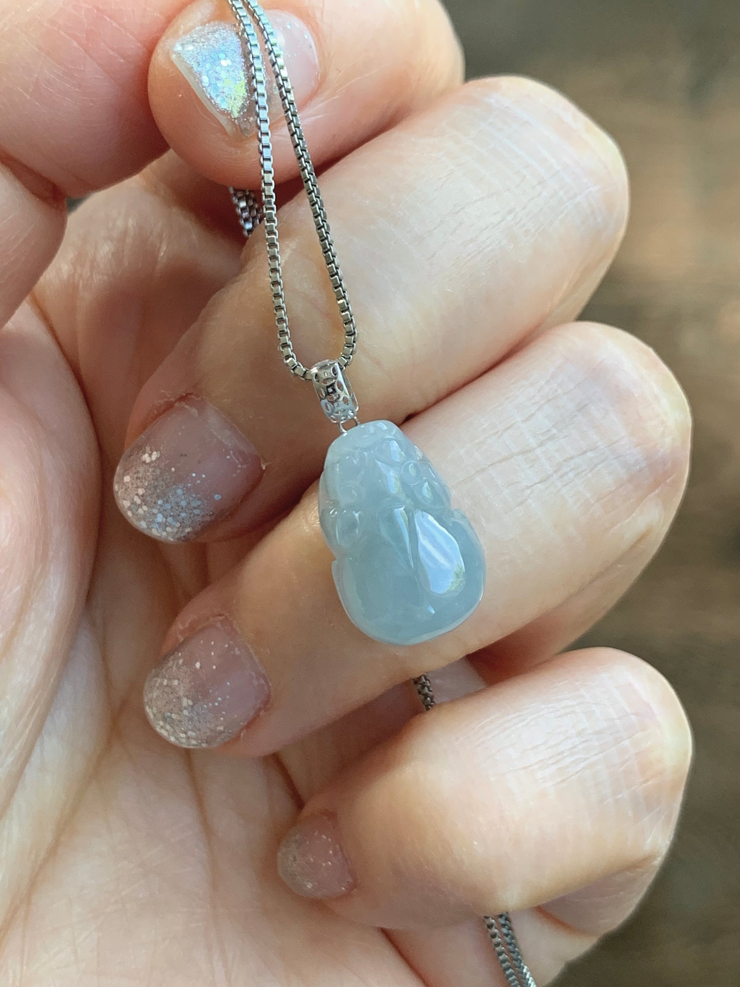 Natural Grade A Icy Translucent Gelatinous Pastel Dusty Blue Jade Jadeite Petite Pixiu Pendant 18K White Gold Bail 天然冰胶淡蓝翡翠貔貅吊坠 MTL250