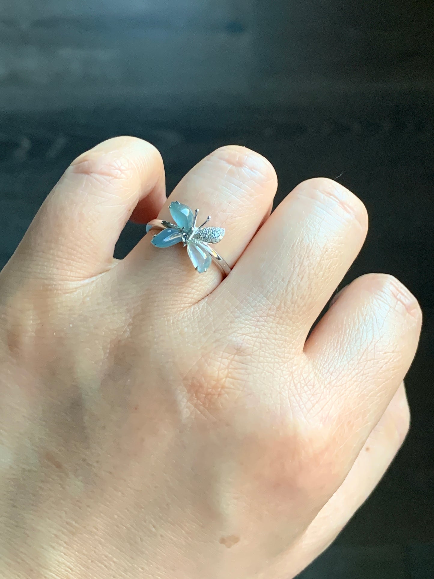 Certified Natural Grade A Guatemalan Premium Icy Blue & White Jadeite Butterfly Ring 18K White Gold Diamonds Sz 7 US 天然危蓝正冰起光翡翠蝴蝶钻石白金镶嵌戒指