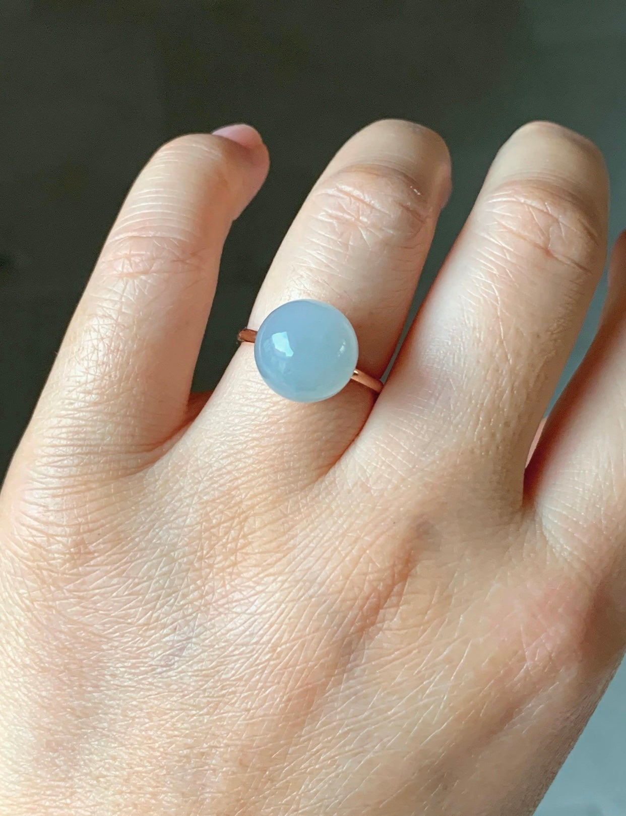 Certified Natural Grade A Icy Translucent Gelatinous Light Blue Jadeite Sphere Round Bead Ring 18K Rose Gold 4.71g sz 7 US 天然A货冰胶淡蓝翡翠单珠镶嵌戒指